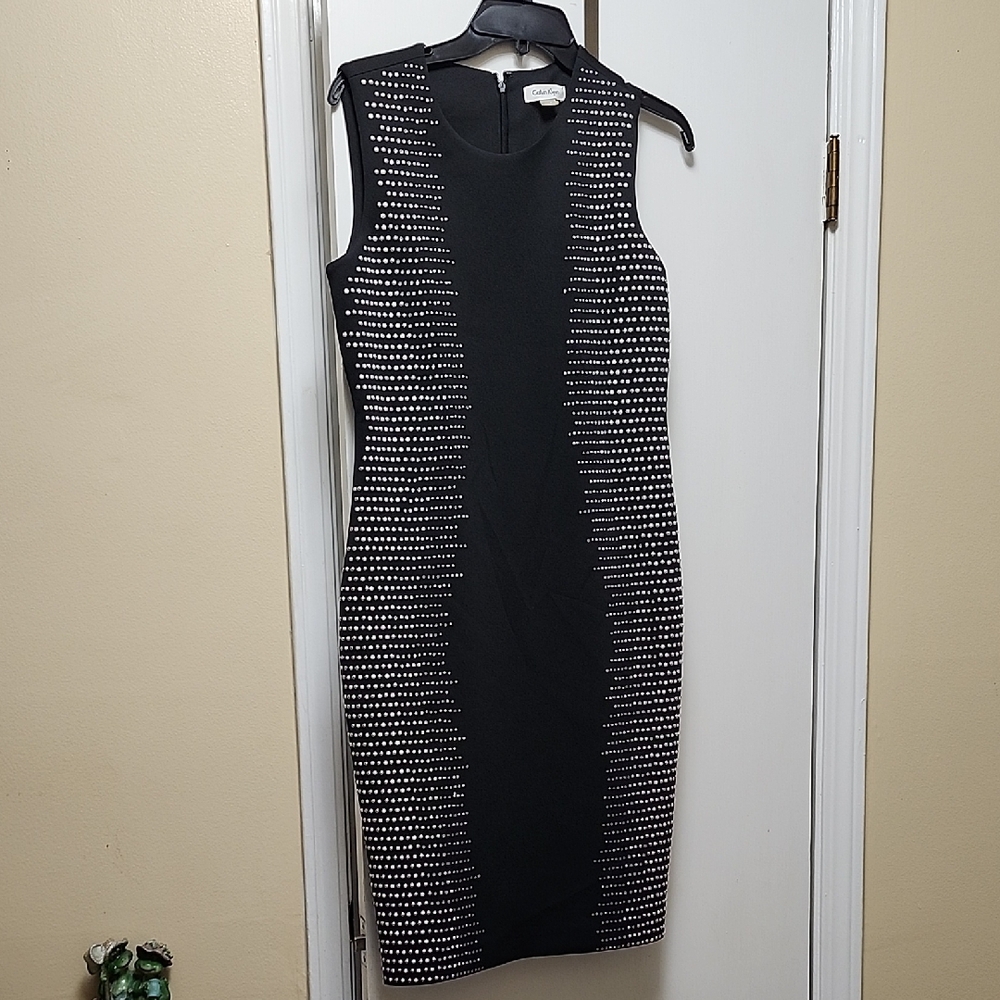 Calvin Klein Black and White Patterned Midi Dress With Studs